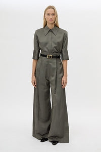 Front view CAMILLA AND MARC Mina wide-leg, high-waisted stripe pant with corseted waist.