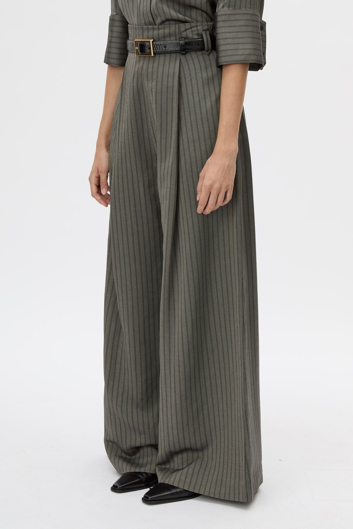 Cropped view CAMILLA AND MARC Mina wide-leg, high-waisted stripe pant with corseted waist.