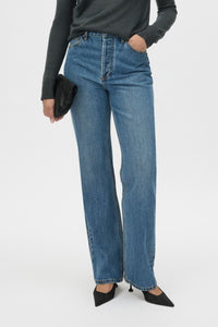 Close Up View CAMILLA AND MARC Manuela Denim Jean in classic blue, high waisted straight leg jean.