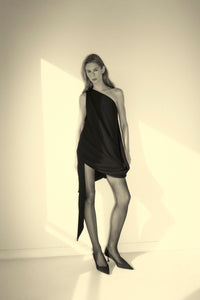 Campaign View CAMILLA AND MARC Eon Dress asymmetric draped one-shoulder mini dress in black.