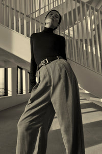 Styling view CAMILLA AND MARC Ren Pant in Charcoal Herringbone with a double‑pleat wide‑leg silhouette.