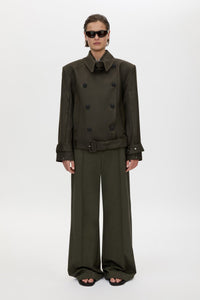 Front styled view CAMILLA AND MARC Tari Short Trench in Dark Khaki with contrast undercollar and shoulder pads.