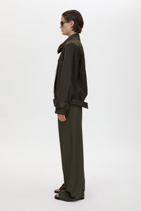 Side view CAMILLA AND MARC Tari Short Trench in Dark Khaki with contrast undercollar and shoulder pads.