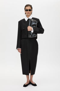 Front view CAMILLA AND MARC Caius Relaxed Cropped Blazer in Black with collarless neckline in Australian wool.