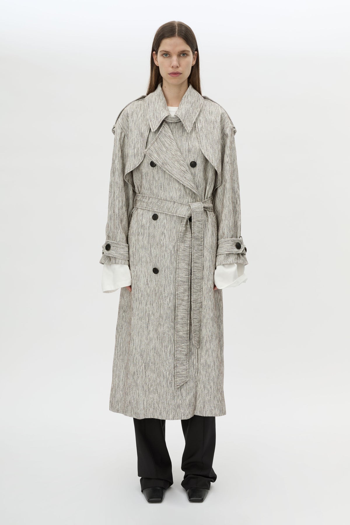 Front styled view CAMILLA AND MARC Maxine Trench Coat in Salt and Pepper with double‑breasted tailored silhouette.