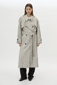 Front view CAMILLA AND MARC Maxine Trench Coat in Salt and Pepper with double‑breasted tailored silhouette.