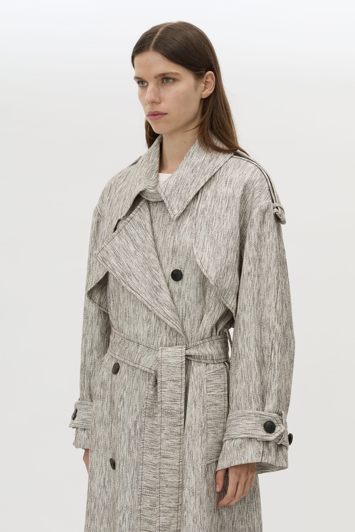 Cropped view CAMILLA AND MARC Maxine Trench Coat in Salt and Pepper with double‑breasted tailored silhouette.