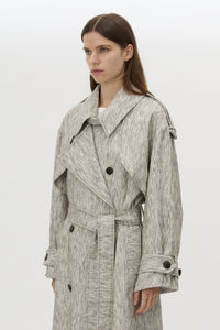 Cropped view CAMILLA AND MARC Maxine Trench Coat in Salt and Pepper with double‑breasted tailored silhouette.