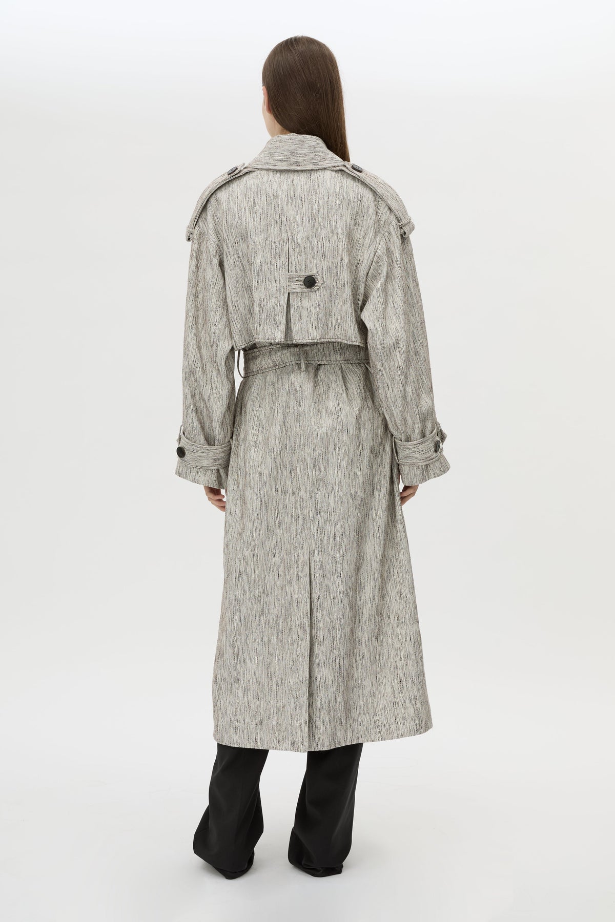 Back view CAMILLA AND MARC Maxine Trench Coat in Salt and Pepper with double‑breasted tailored silhouette.