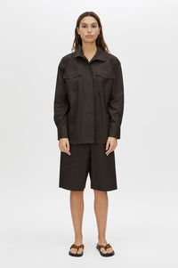 Front styled view CAMILLA AND MARC Java Shirt in Espresso Brown with funnel neck, button‑up front and long sleeves.  