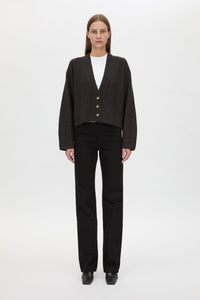 Front styled view CAMILLA AND MARC Atlas Knit Cardigan in Slate Grey with relaxed cropped silhouette.