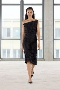 Front Runway View CAMILLA AND MARC Elise Dress in black, strapless asymmetric midi dress with fitted column silhouette.