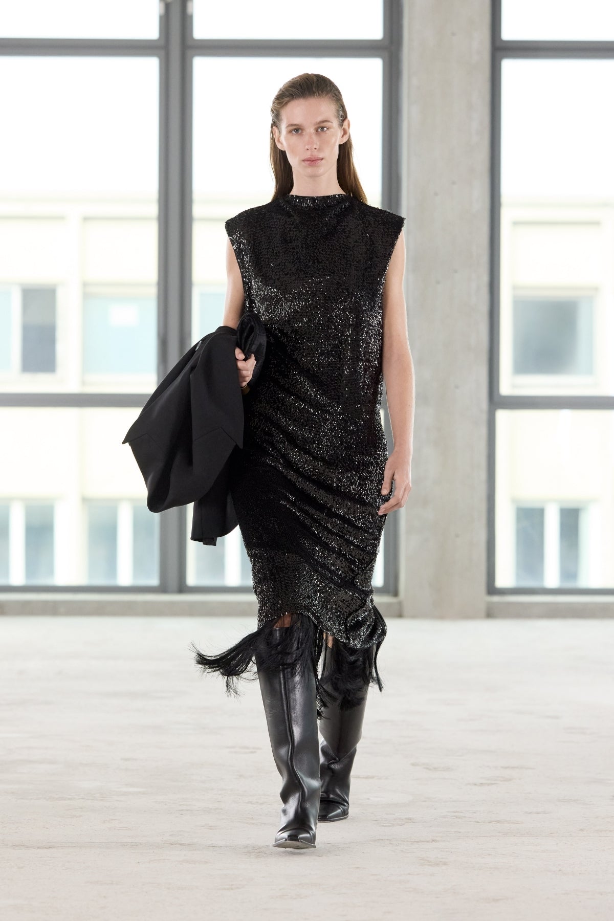 Runway view CAMILLA AND MARC Sabel Maxi Dress in Black with sequin finish and detachable fringing.  