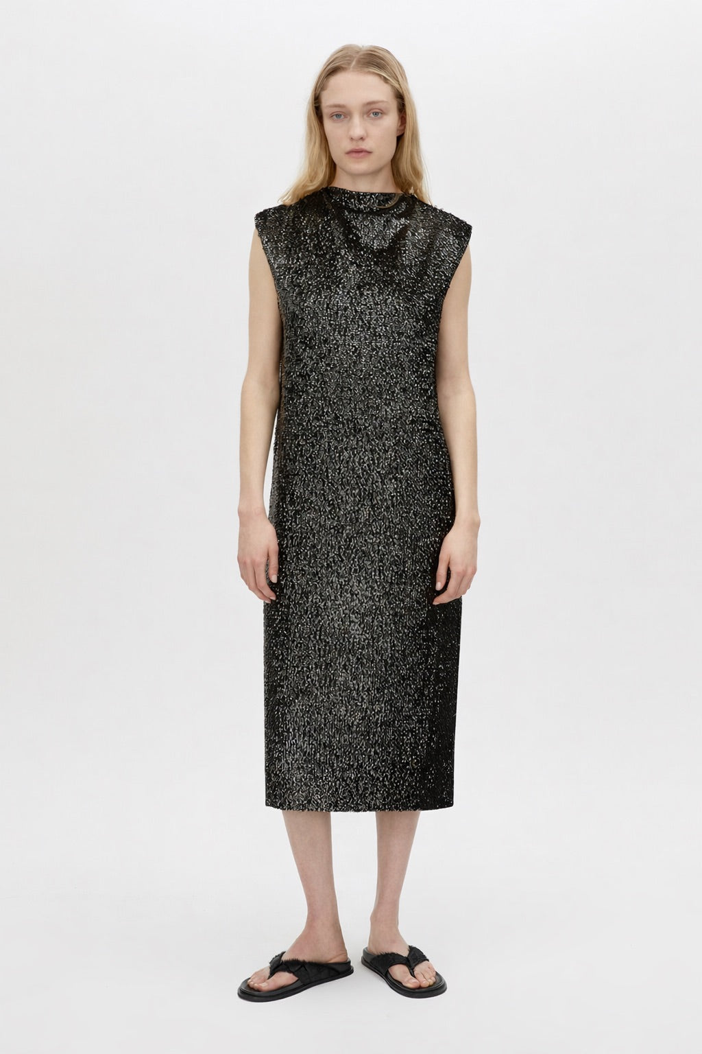 Front view CAMILLA AND MARC Sabel Maxi Dress in Black with sequin finish styled with no fringing.