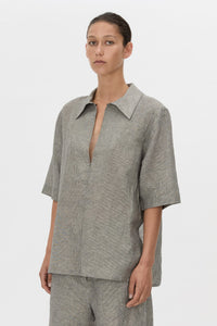 Phostre Stripe Linen Collared Top