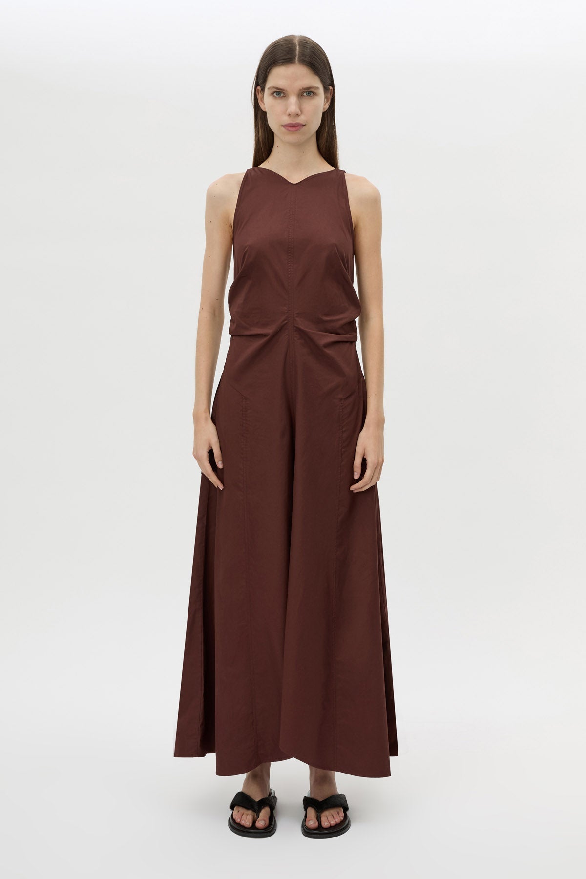 Front view CAMILLA AND MARC Brera midi dress in chocolate with topstitch details and side pockets.