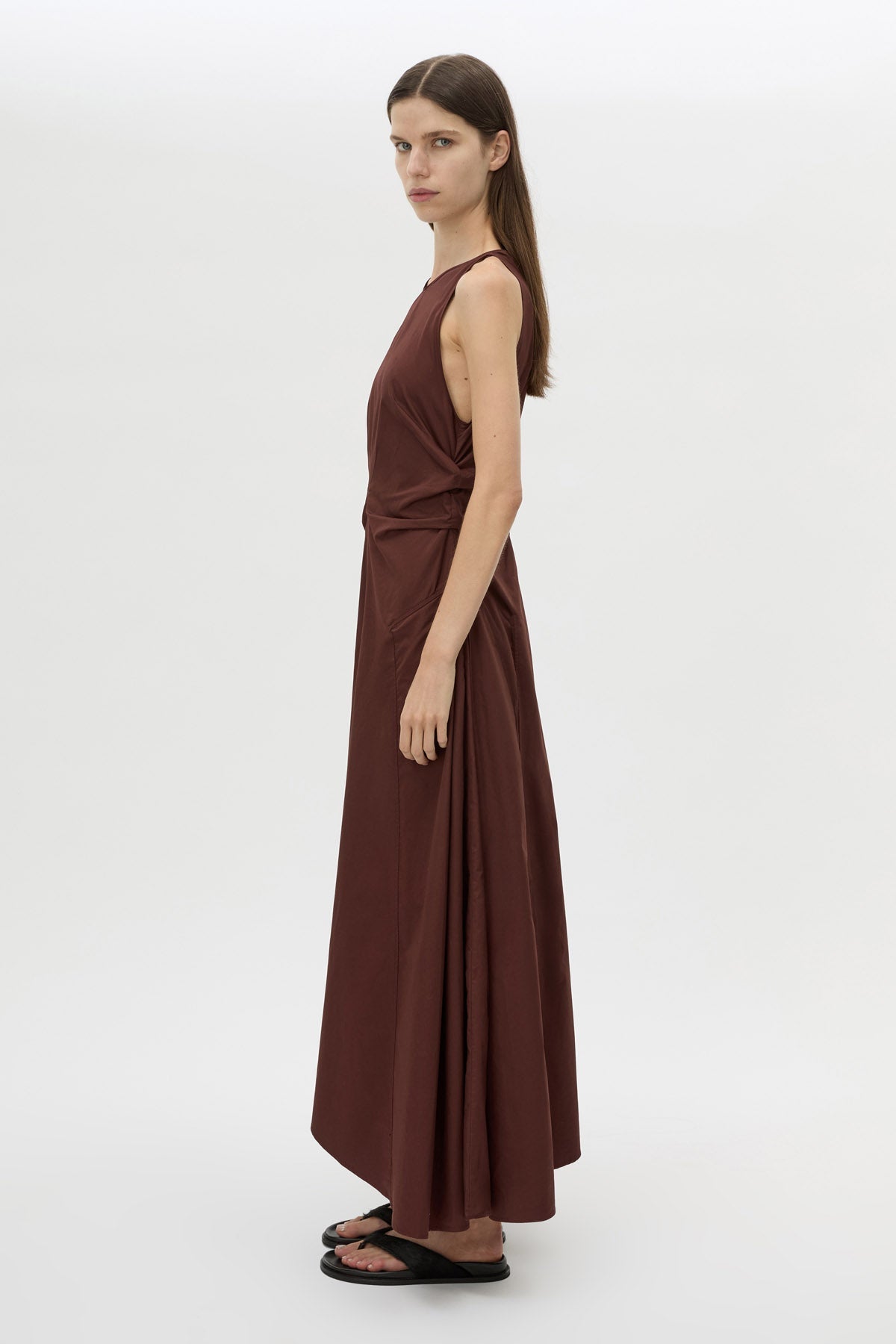 Side view CAMILLA AND MARC Brera midi dress in chocolate with topstitch details and side pockets.