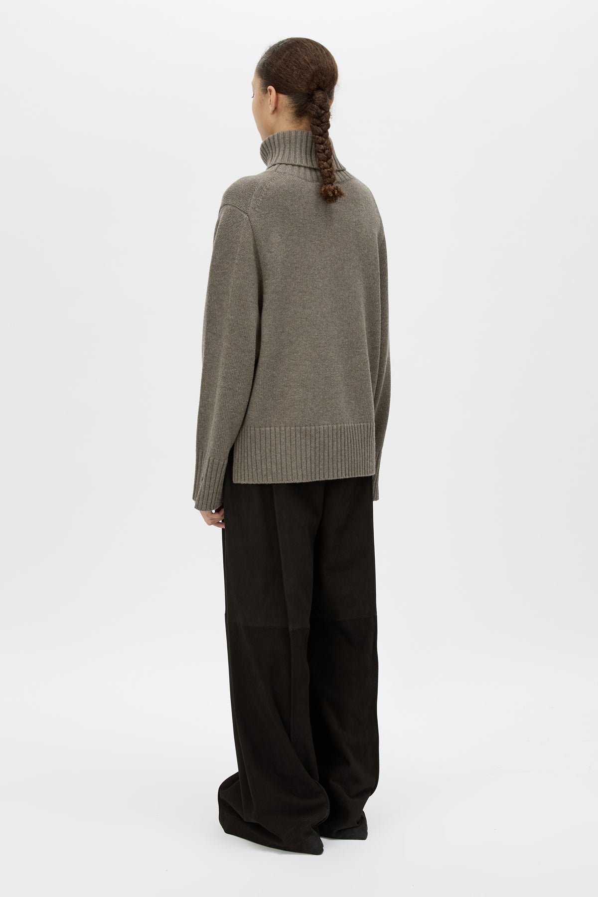 Back view CAMILLA AND MARC Crawford Knit Roll Neck Sweater in Grey with wool knit finish and roll‑neck silhouette.