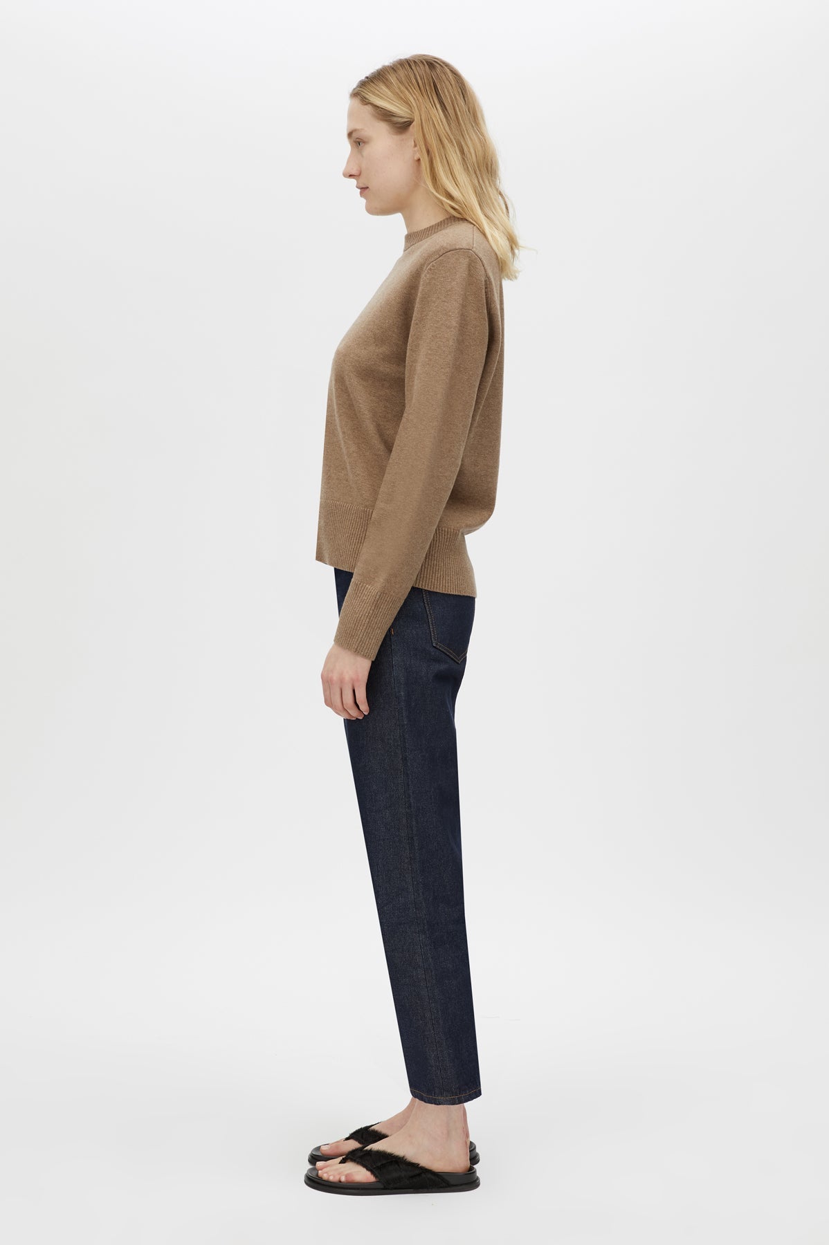 Side view CAMILLA AND MARC Malo Sweater in Fawn with cropped relaxed silhouette and long sleeves.