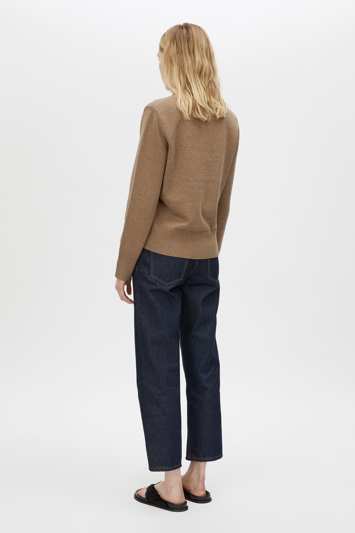 Back view CAMILLA AND MARC Malo Sweater in Fawn with cropped relaxed silhouette and long sleeves.