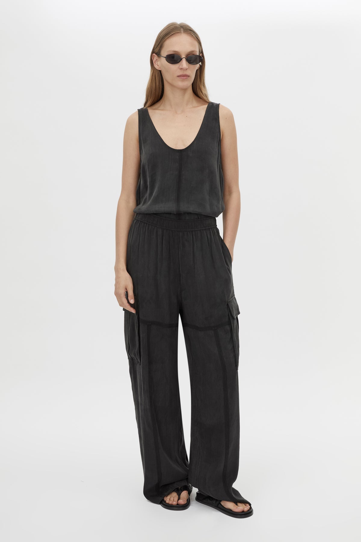 Front view CAMILLA AND MARC Allegro Satin Pant in Washed Black with mid‑rise cargo fit.