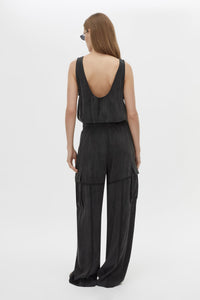 Back view CAMILLA AND MARC Allegro Satin Pant in Washed Black with mid‑rise cargo fit.