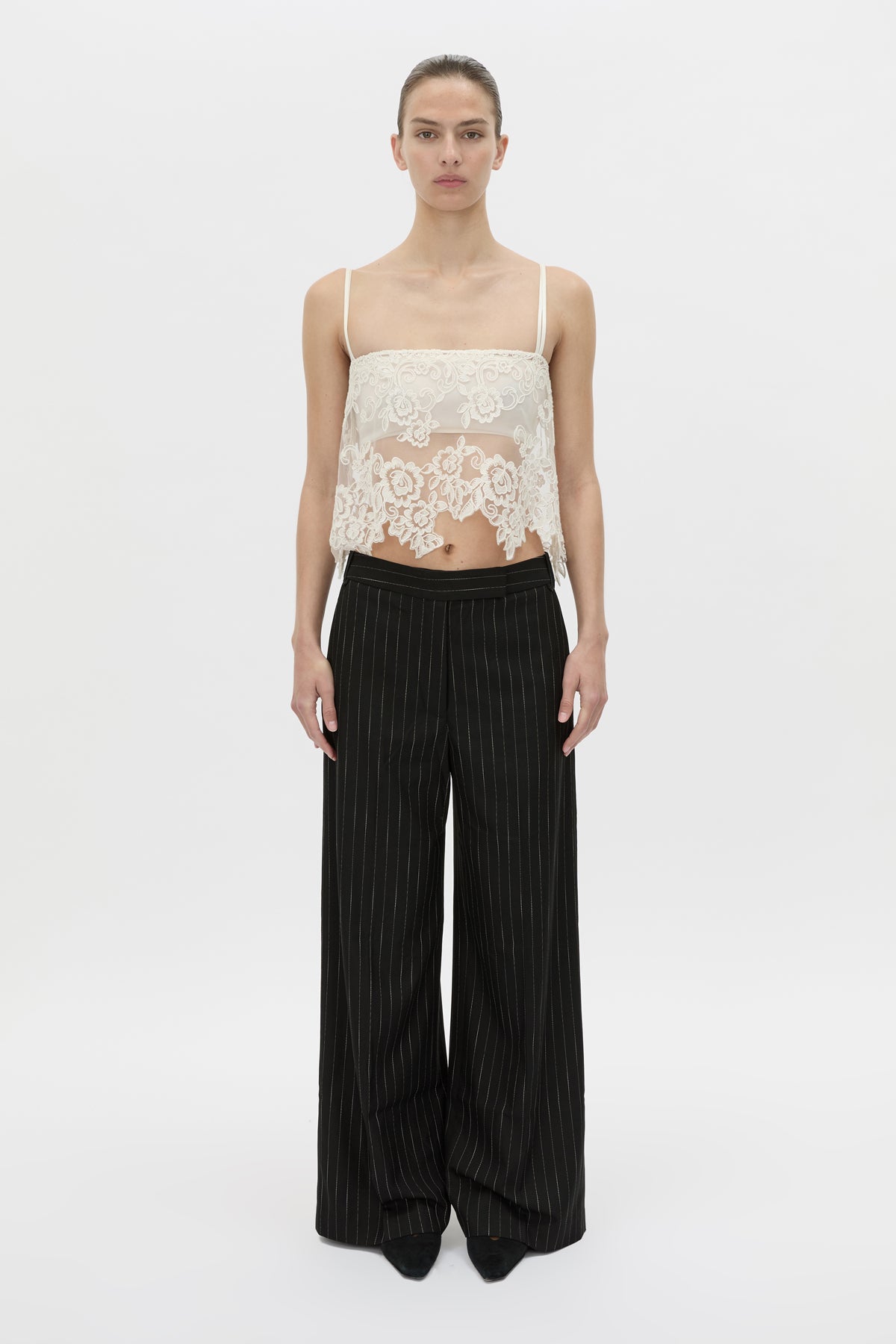 Front view CAMILLA AND MARC sheer Alvar Lace Cami in cream with adjustable elastic straps.