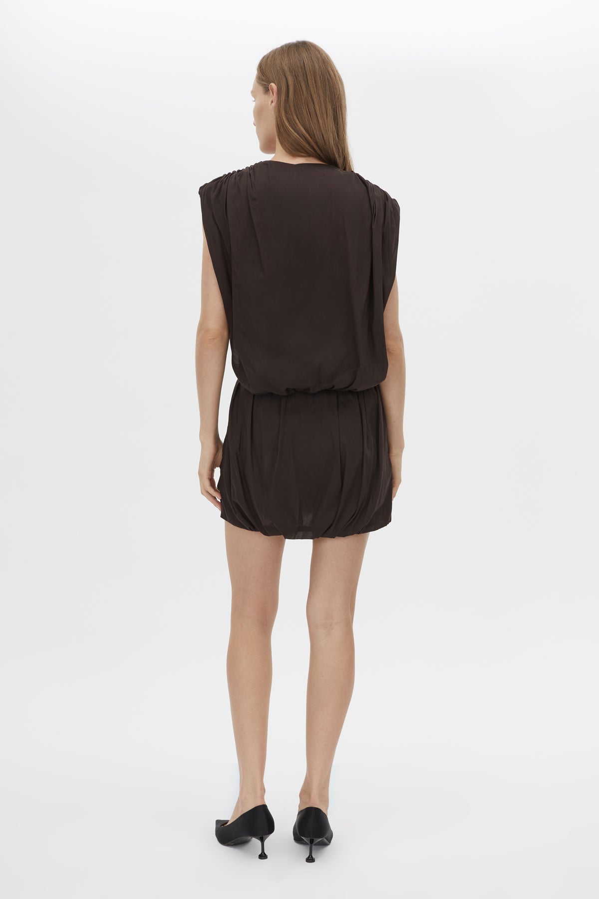Back view CAMILLA AND MARC Amery Mini Dress in Espresso with draped short sleeves and a beaded neckline.