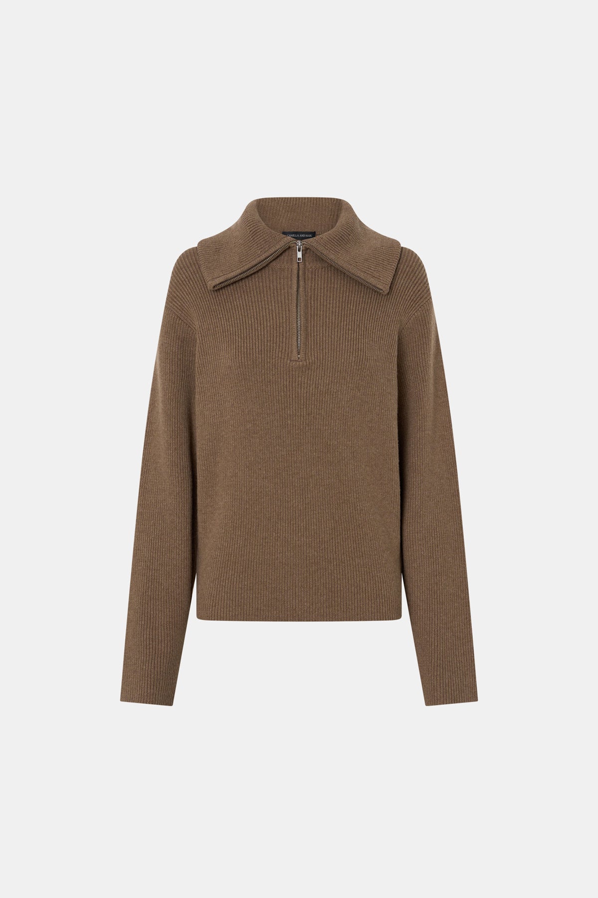 Ghost view CAMILLA AND MARC Anouk Knit Pullover in Caramel with quarter‑zip metal opening and cotton–merino blend.