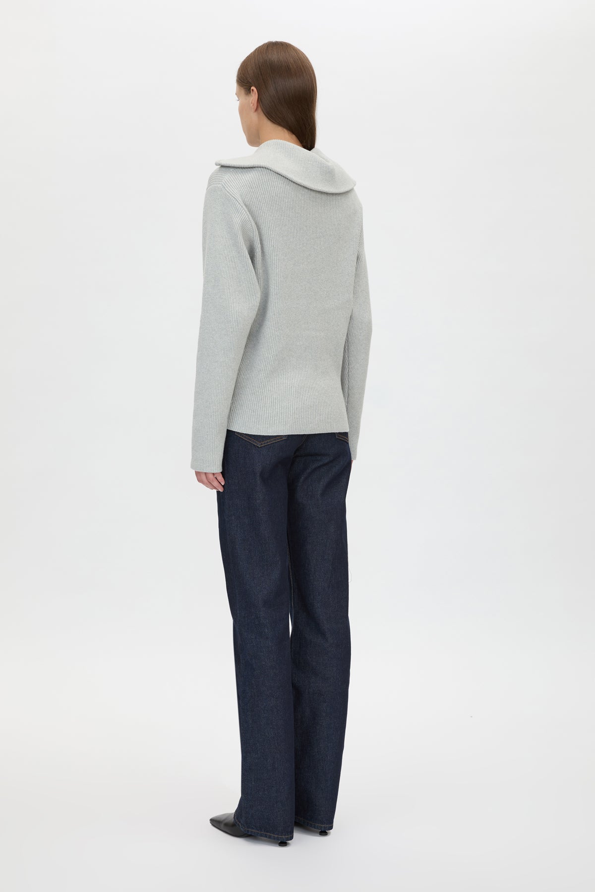 Back view CAMILLA AND MARC Anouk Knit Pullover in Grey Marle with quarter‑zip metal opening and cotton–merino blend.
