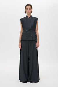 Front view CAMILLA AND MARC Ascent Double Breasted Vest in Dark Grey styled with the Ascent Wide Leg Side Pleat Pant.