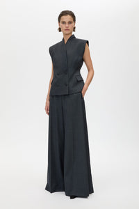 Front view CAMILLA AND MARC Ascent Double Breasted Vest in Dark Grey with tailored wool finish.