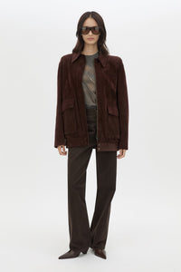 Front view CAMILLA AND MARC Asper Print Tee in Brown styled with the Zaha Leather Bomber.