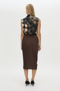 Back view CAMILLA AND MARC Asper Top in Chocolate Print with sleeveless shell silhouette.