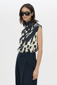 Cropped view CAMILLA AND MARC Asper Top in Navy print with sleeveless shell silhouette and high neckline.