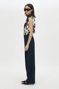 Side view CAMILLA AND MARC Asper Top in Navy print with sleeveless shell silhouette and high neckline.