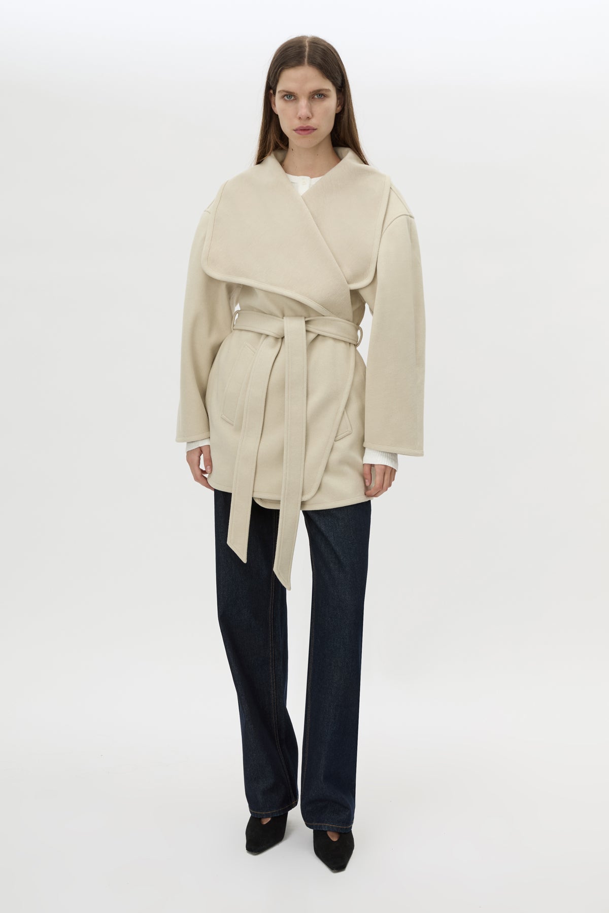 Front view CAMILLA AND MARC Audrey Wrap Jacket in oat with relaxed belted silhouette.