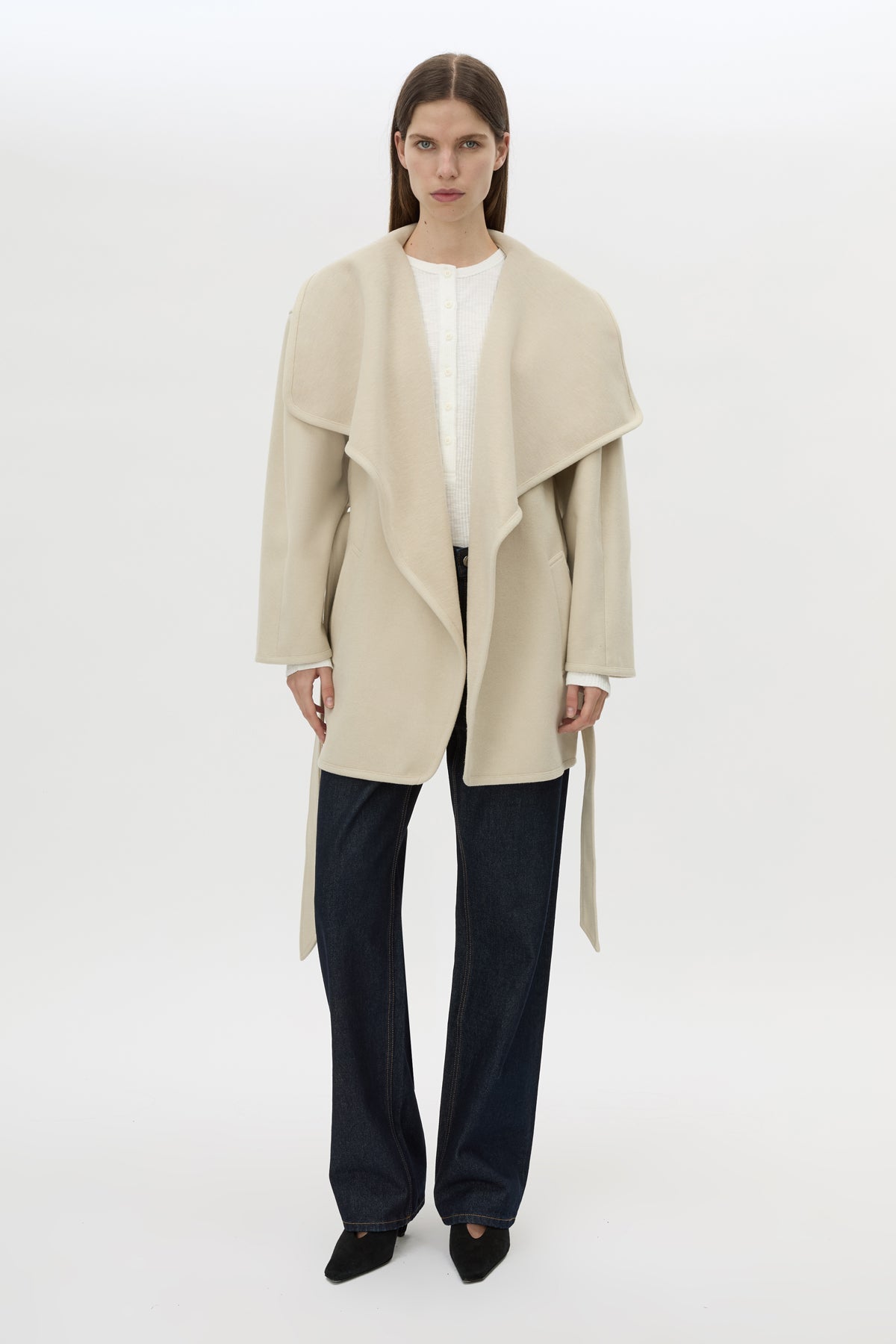 Front view CAMILLA AND MARC Audrey Wrap Jacket in Oat styled open.
