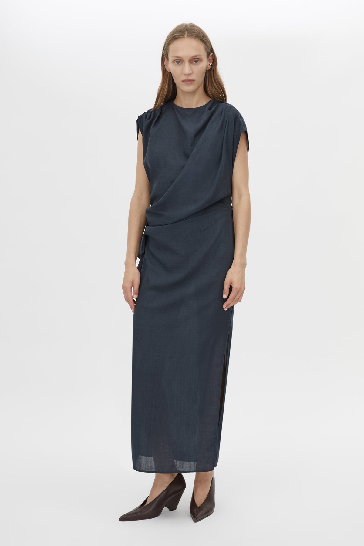 Front view CAMILLA AND MARC Audry Midi Dress in French Navy with draped sleeveless silhouette.