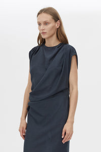 Cropped view CAMILLA AND MARC Audry Midi Dress in French Navy with draped sleeveless silhouette.