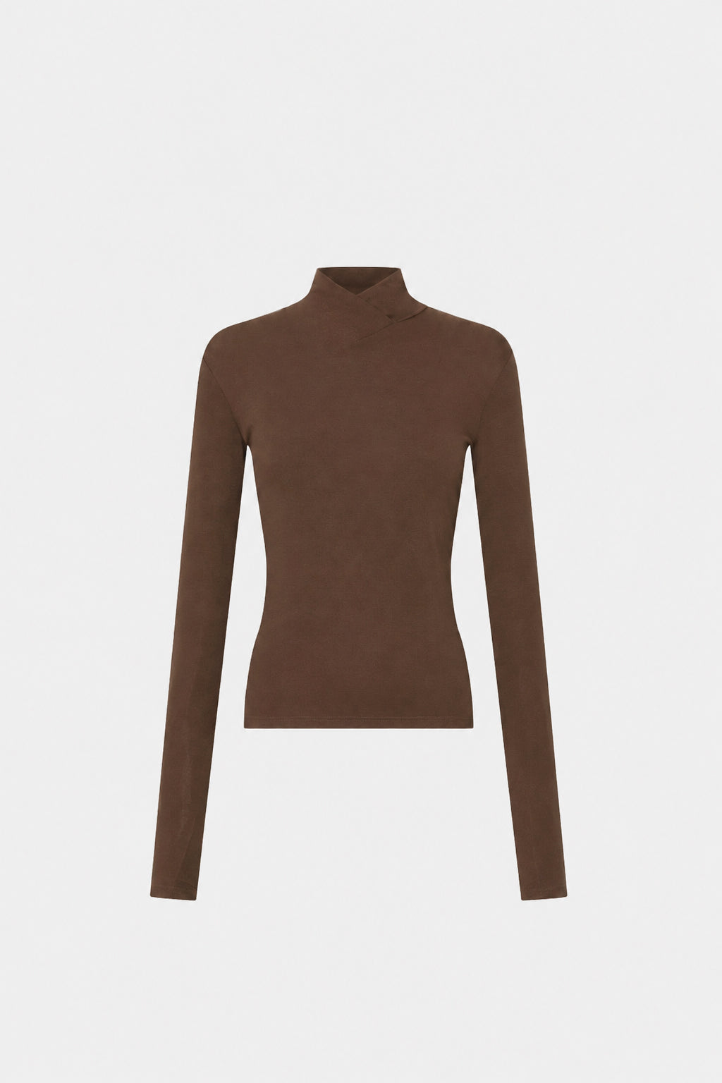 Ghost view CAMILLA AND MARC Axial Top in Chocolate with layered cross‑over high neck.