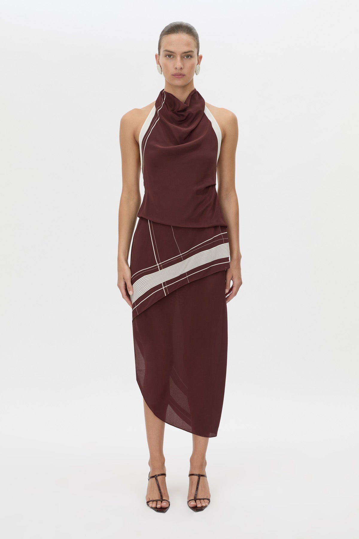 Front view CAMILLA AND MARC Barolo Midi Dress in cream print with high-cowl neckline.