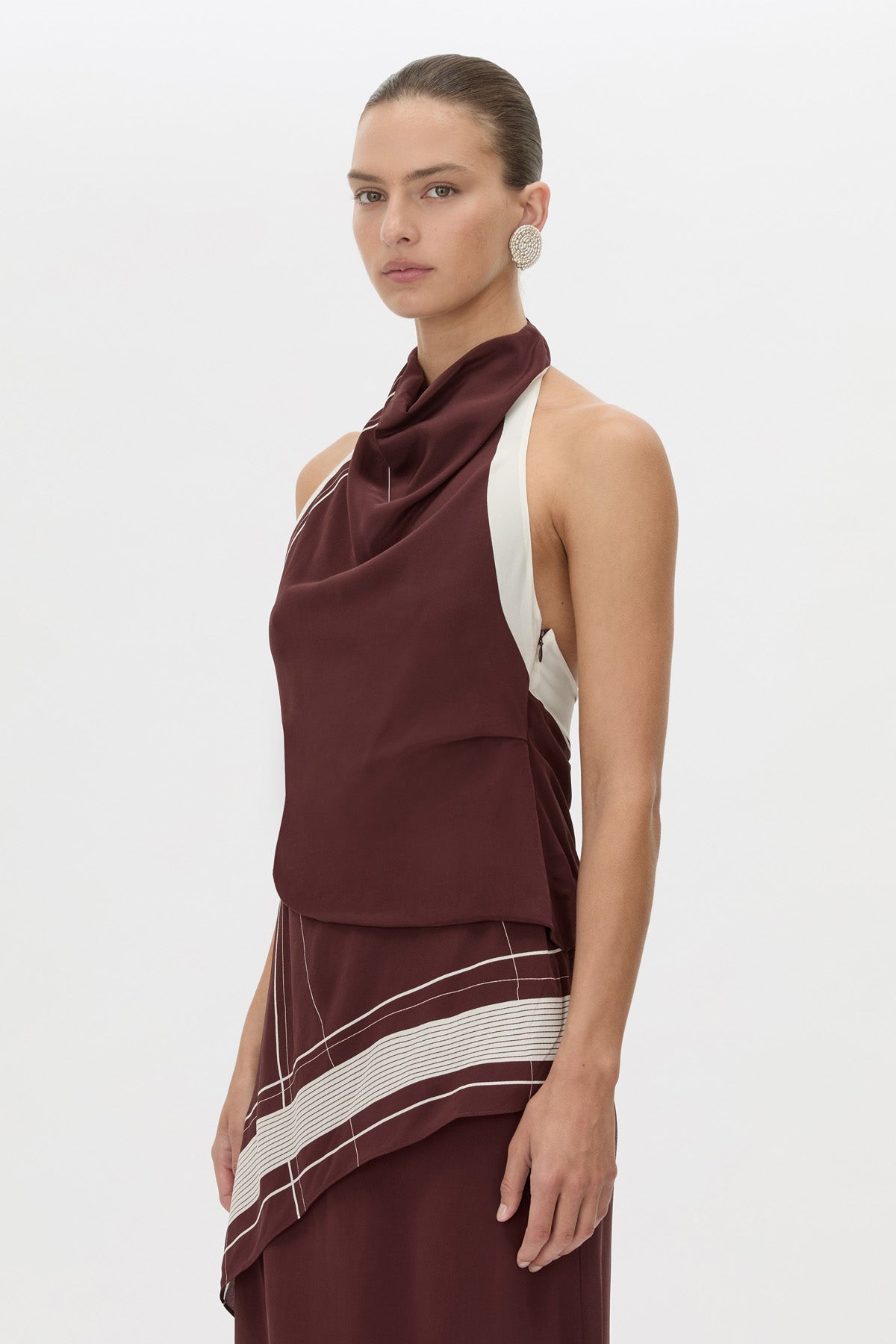 Cropped view CAMILLA AND MARC Barolo Midi Dress in cream print with high-cowl neckline.
