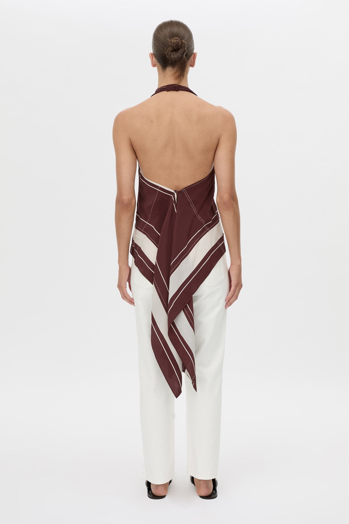 Back view CAMILLA AND MARC Barolo Top in cream print with high‑neckline and open back.
