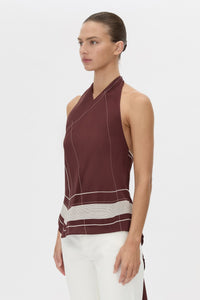 Cropped view CAMILLA AND MARC Barolo Top in cream print with high‑neckline and open back.