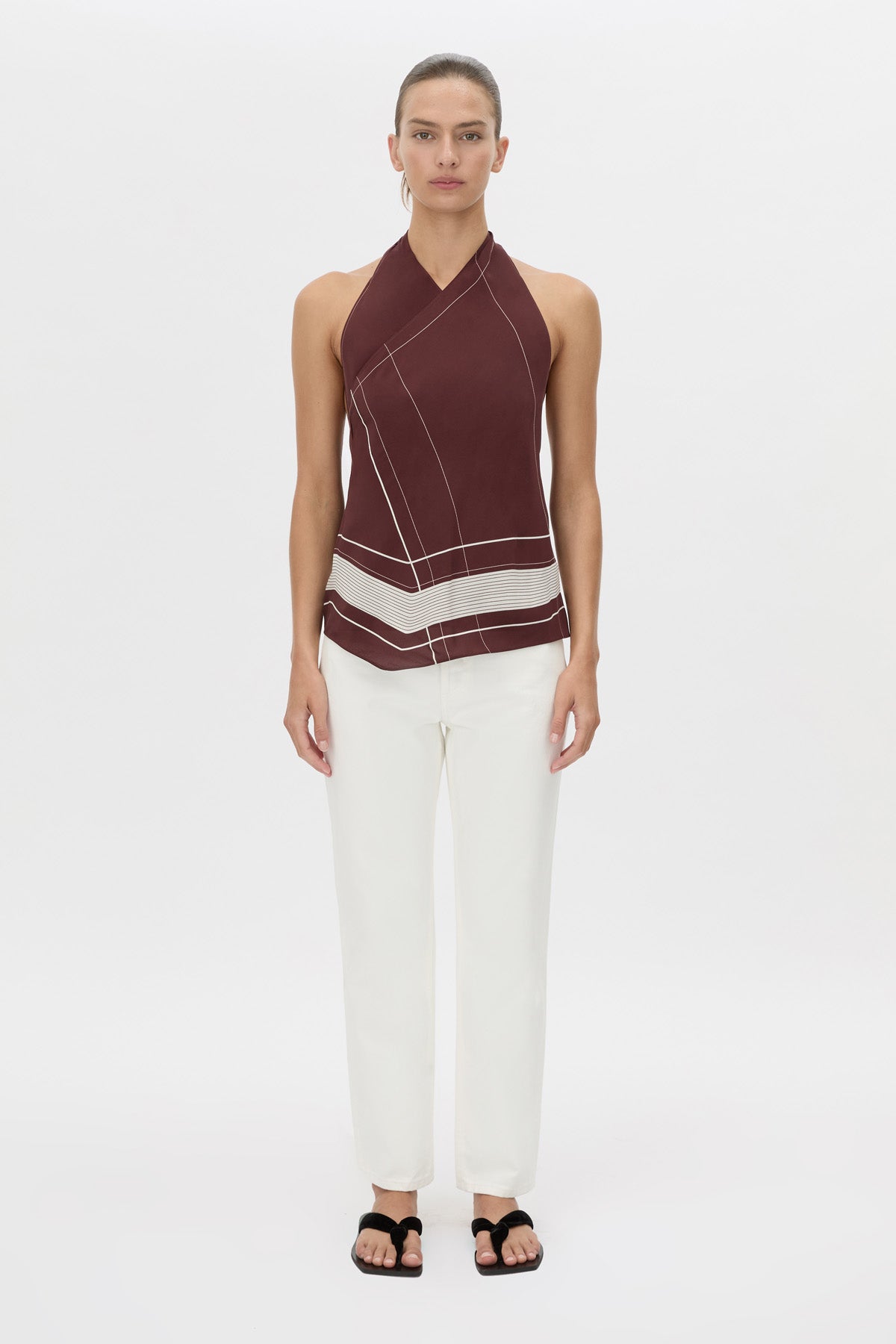Front view CAMILLA AND MARC Barolo Top in cream print with high‑neckline and open back.