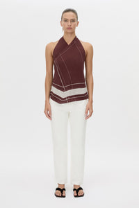 Front view CAMILLA AND MARC Barolo Top in cream print with high‑neckline and open back.