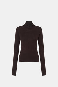 Ghost view CAMILLA AND MARC Barre High Neck Top in Chocolate with long sleeves and turtleneck silhouette.  