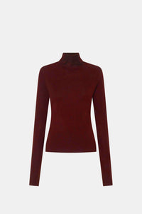 Ghost view CAMILLA AND MARC Barre High Neck Top in Burgundy with long sleeves and V‑neck split turtleneck.