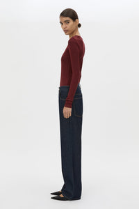 Side view CAMILLA AND MARC Barre Long Sleeve Top in Burgundy with fitted silhouette and crew neckline.